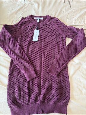 BCBGMaxAzria Plum Open-Knit Crewneck Sweater